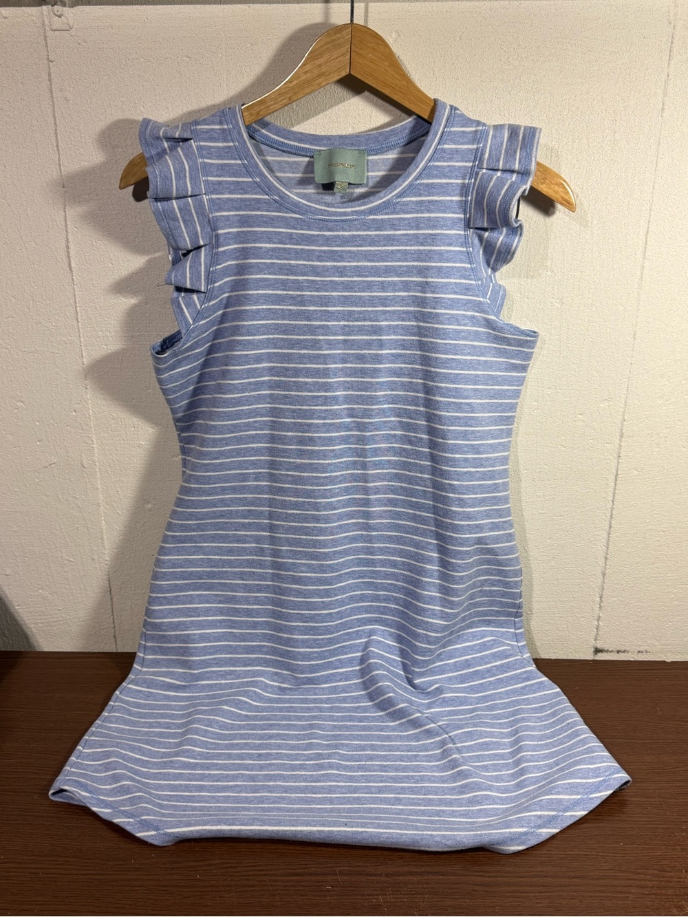 Skies Are Blue Light Blue & White Striped Midi Dress with Ruffle Shoulders